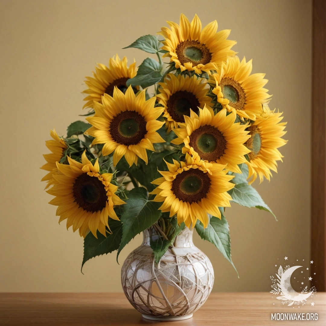 Ваза с жёлтыми подсолнухами и нежной паутиной