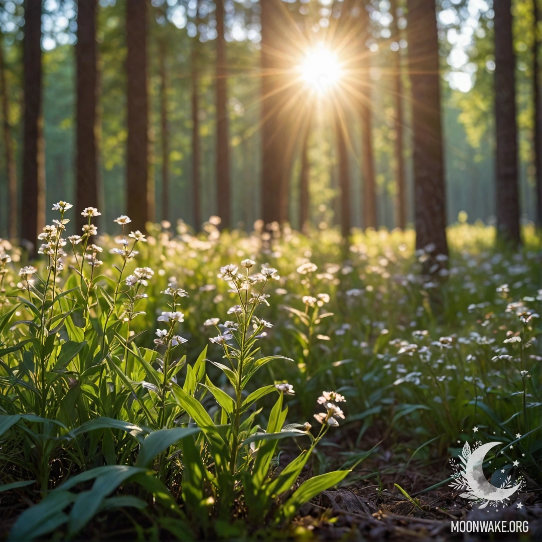 Крупный план очаровательных цветов на безмятежном поле с размытыми деревьями и солнечными лучами, пробивающимися сквозь листву.