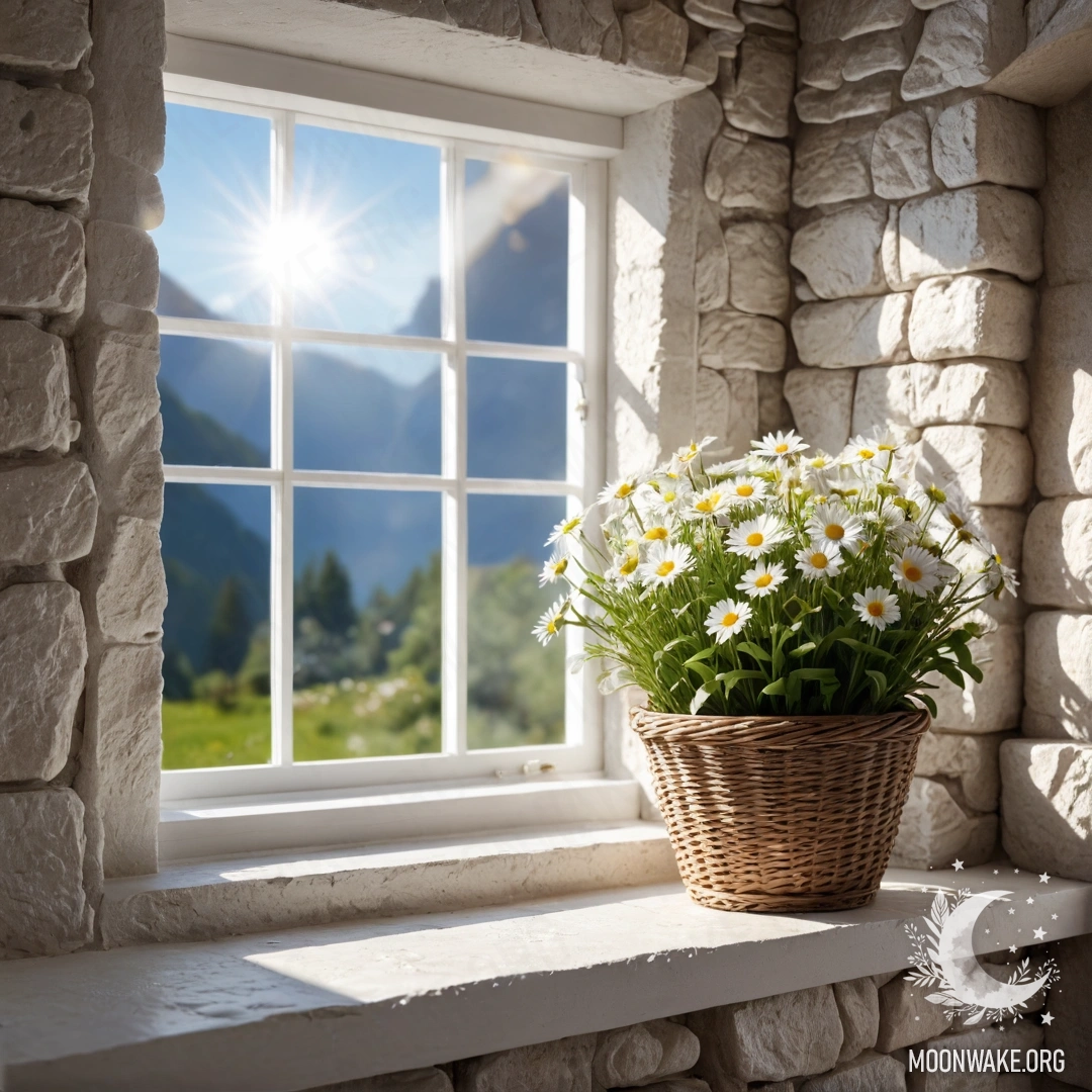 Спокойная сцена с белой каменной стеной и открытым окном, на подоконнике которого находится корзина с ромашками, освещённая солнечными лучами.