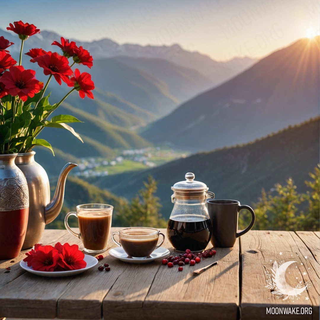 Фотореалистичное изображение деревянного стола на фоне величественных гор, на котором стоит банка с красными цветами, кофейник и чашки на закате.