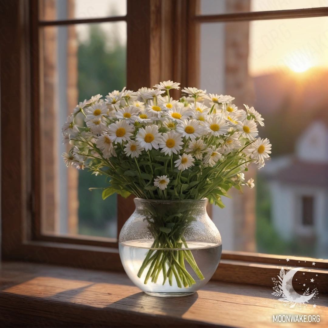 Стеклянная ваза с ромашками на деревянном подоконнике во время заката.