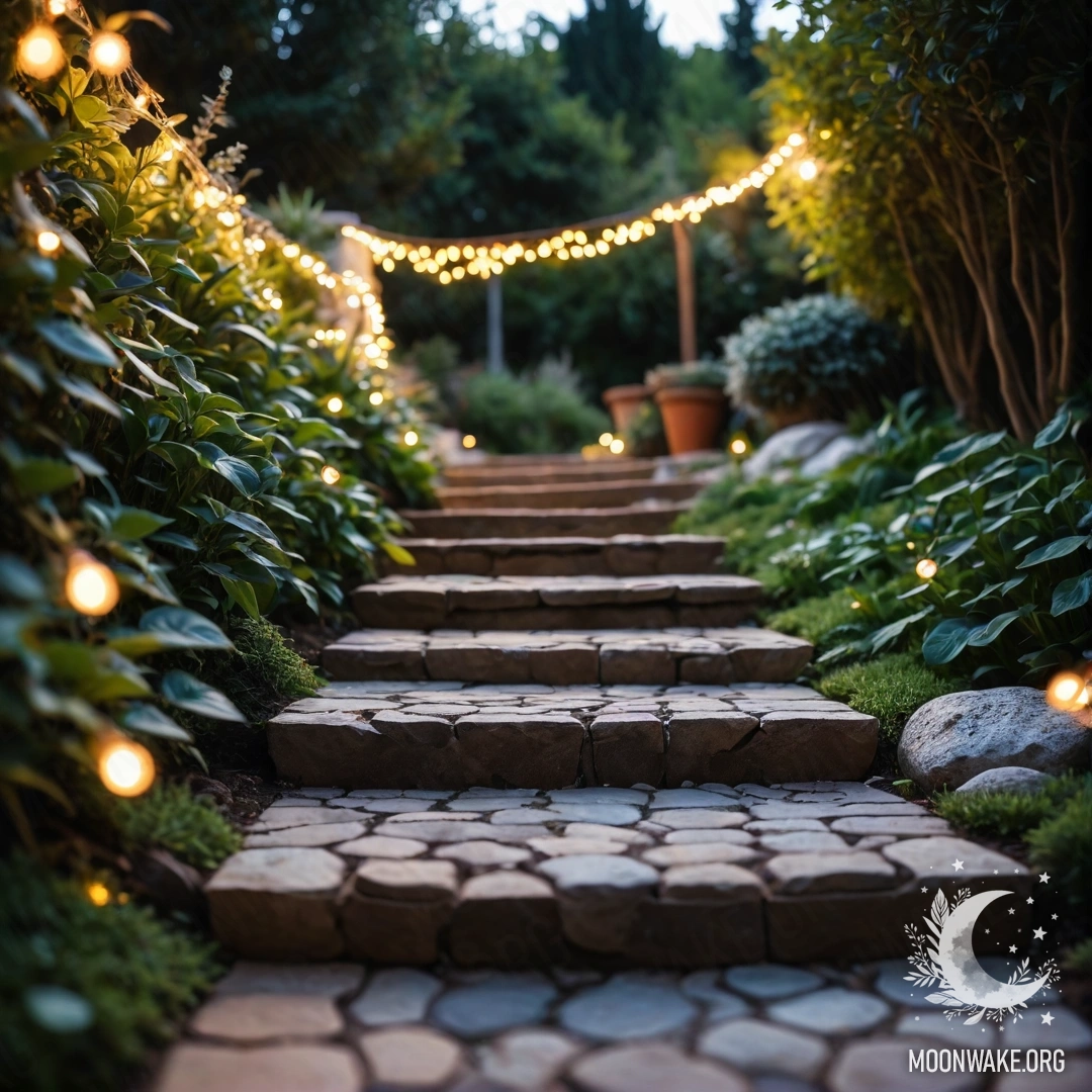 Садовая дорожка, выложенная камнями, ведущая к деревянной лестнице, освещенная световыми гирляндами на закате.