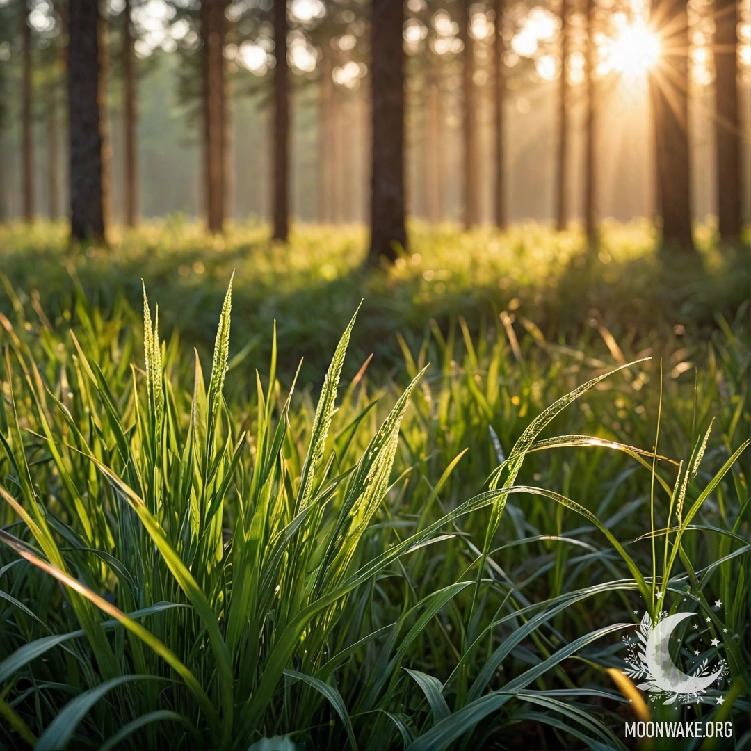 Крупный план травы на мирном поле, освещённой солнечными лучами на фоне размытого леса во время заката.