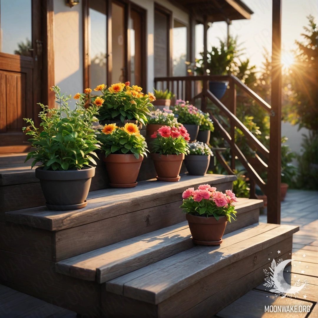 Безмятежная деревянная лестница, украшенная цветочными горшками на закате.