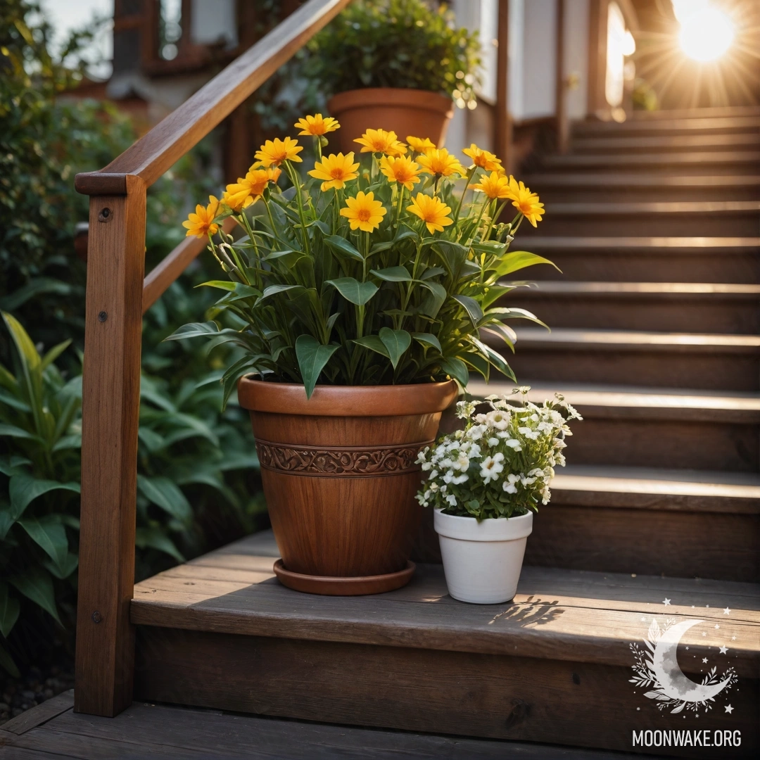 Умиротворяющая деревянная лестница, украшенная цветочными горшками на закате.