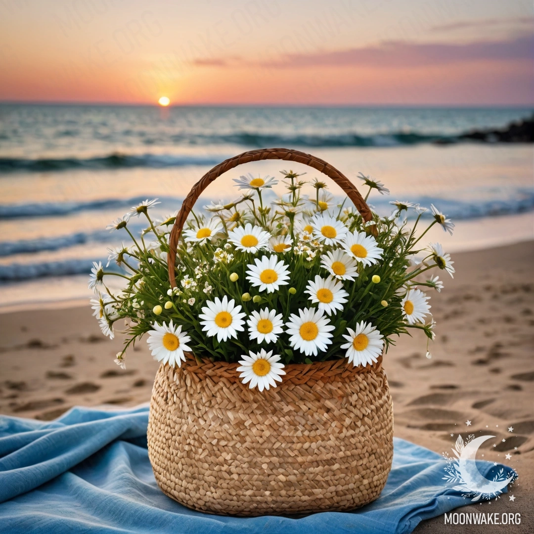 Соленый пляж на закате, на котором лежит соломенная сумка с синей скатертью и букетом ромашек.