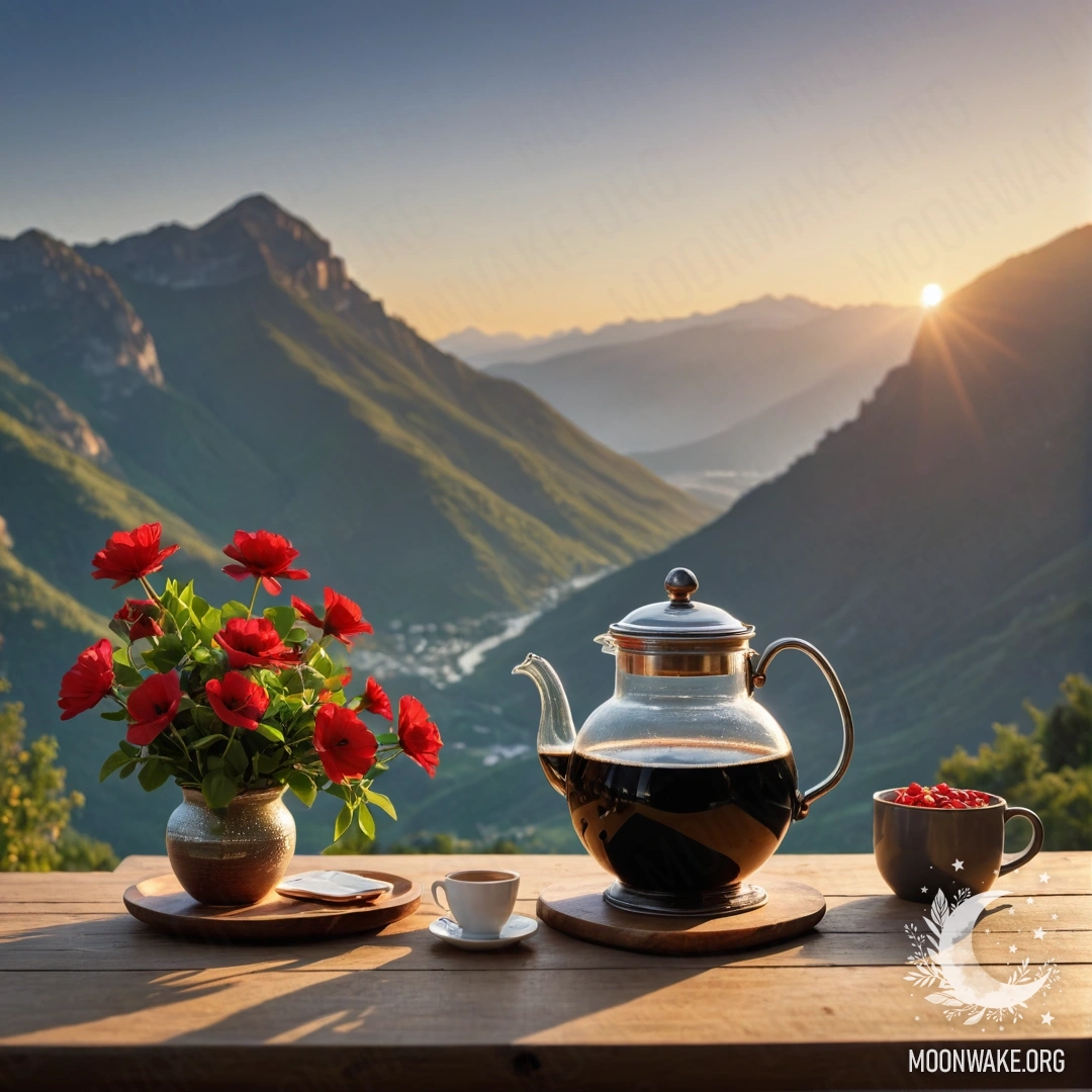 Деревянный стол, украшенный банкой с красными цветами, кофейником и чашками на фоне величественных гор на закате.