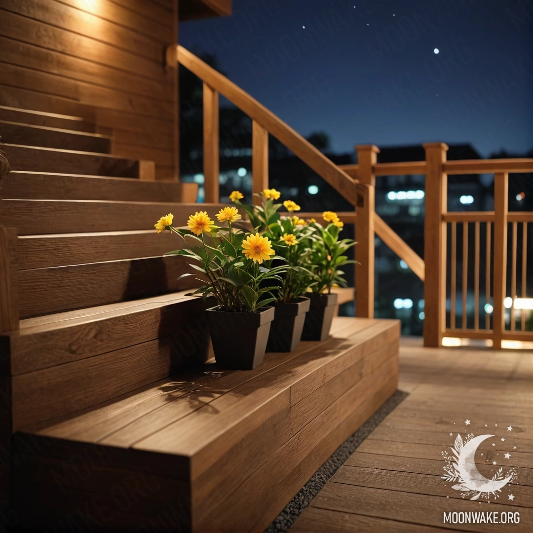 Деревянный стол с красными цветами, кофейником и чашками на фоне гор во время заката.