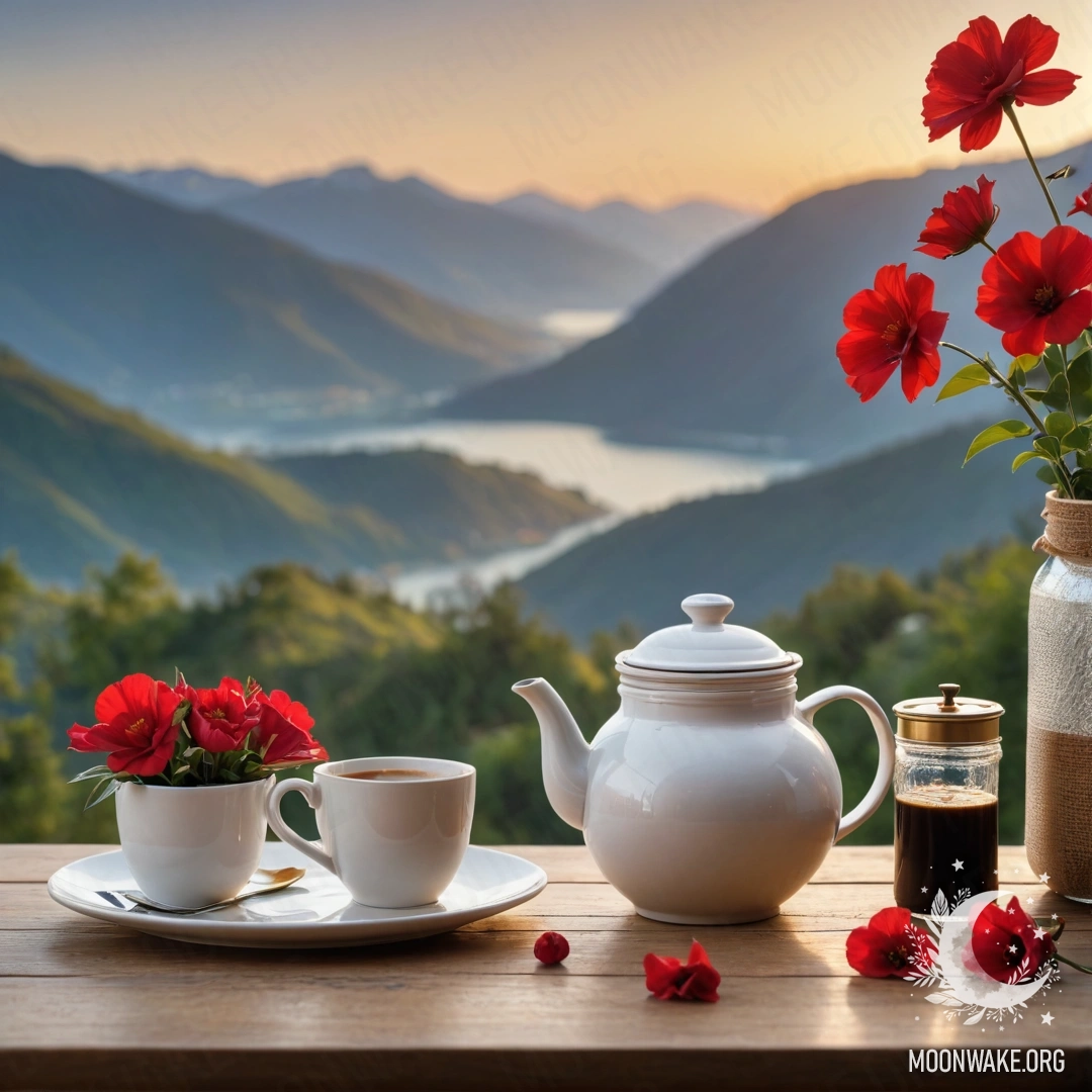 Спокойный деревянный стол, украшенный банкой с красными цветами и кофейником на фоне гор во время заката.