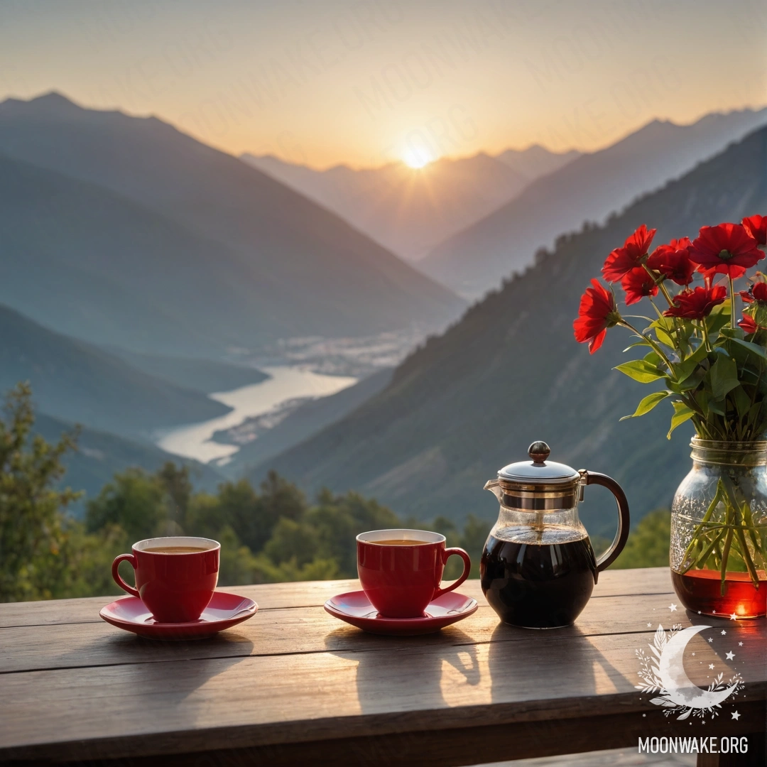 Деревянный стол с красными цветами, кофейником и чашками на фоне гор на закате.