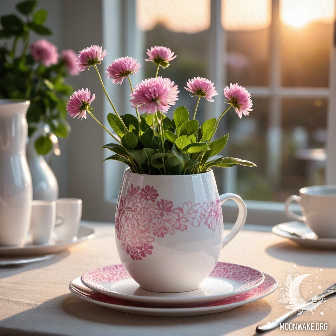 Круглая соломенная салфетка с белыми фарфоровыми чашками с розовым узором и клевером в белой вазе на фоне заката.