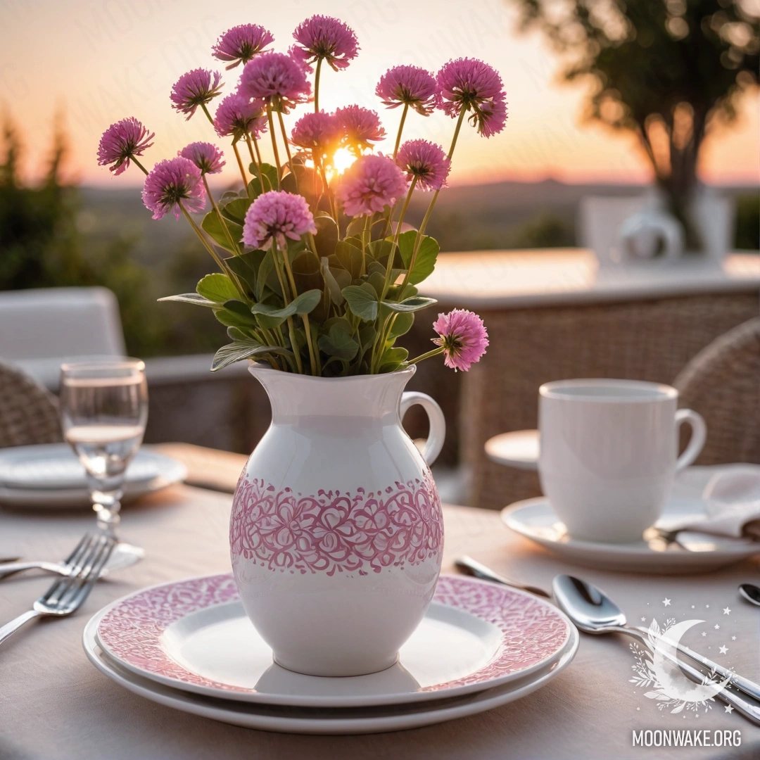 Круглая соломенная салфетка с белыми фарфоровыми чашками и клевером в вазе на закате.