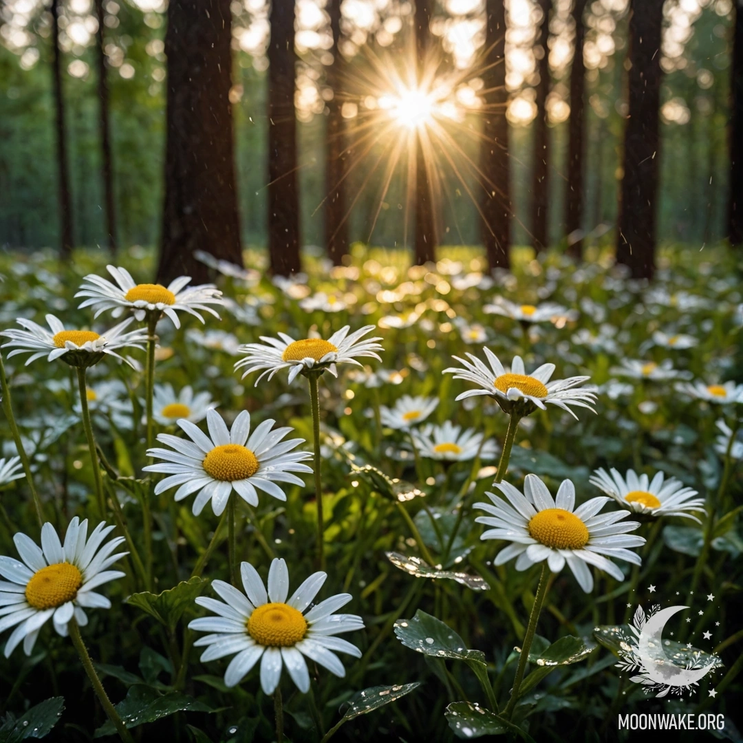 Крупный план ромашек под нежным дождём с солнечным светом заката, пробивающимся сквозь деревья.