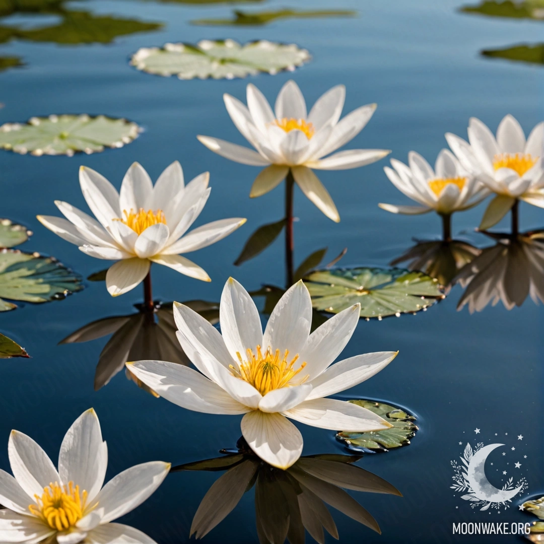 Спокойная сцена, изображающая красивые белые цветы, плавающие на поверхности воды во время заката.