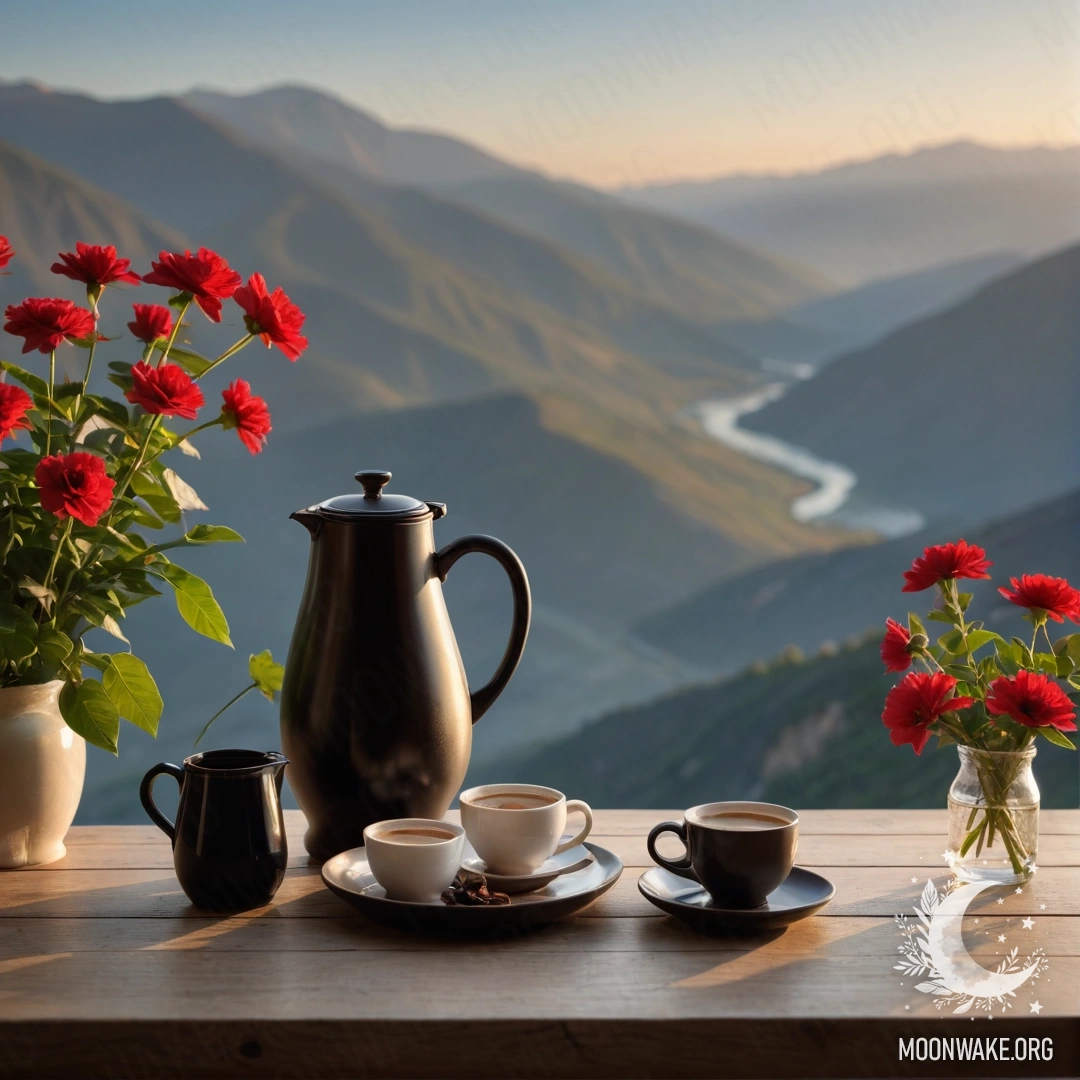 Деревянный стол с красными цветами, кофейником и чашками на фоне гор при закате.