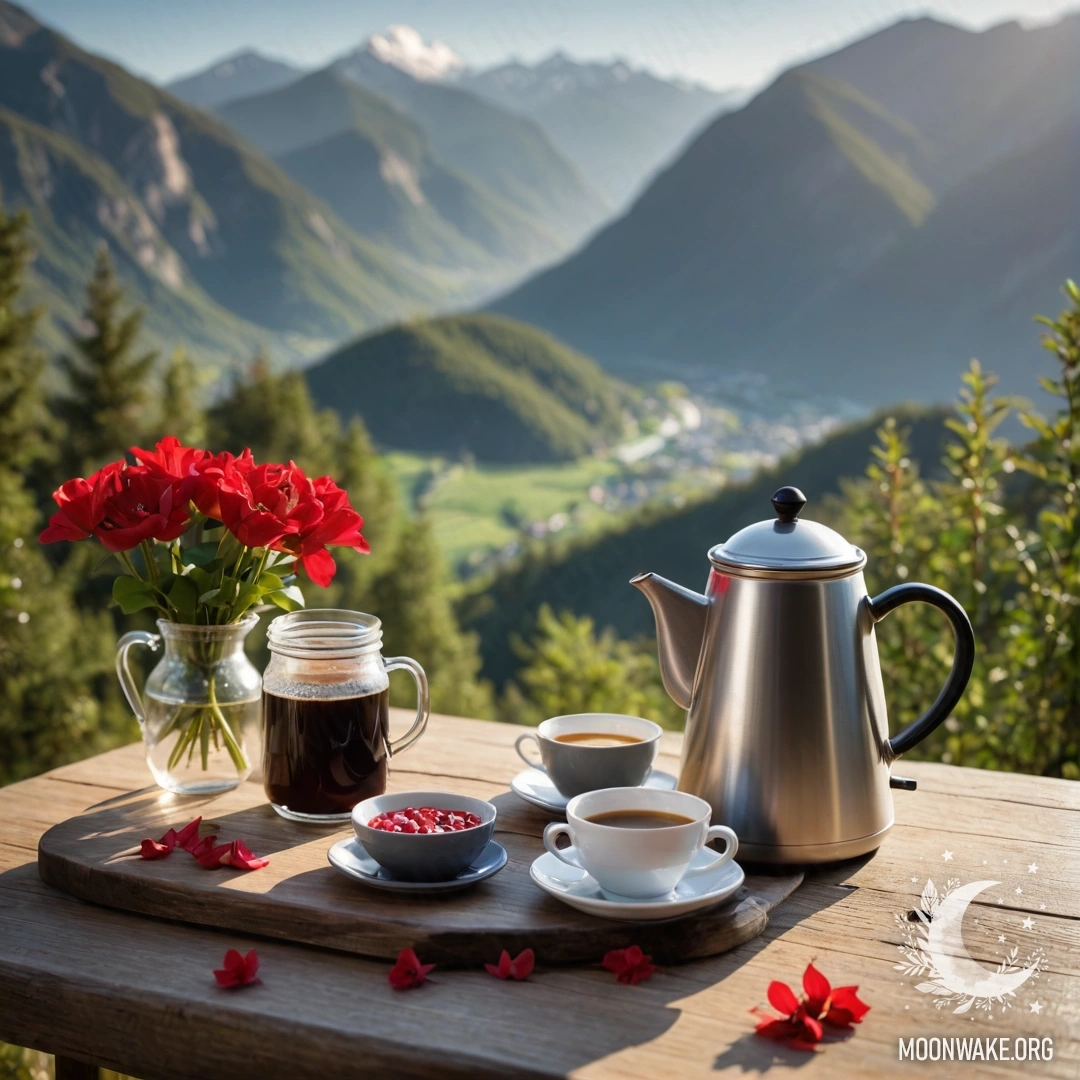Уютный деревянный стол с банкой красных цветов, кофейником и чашками на фоне гор.