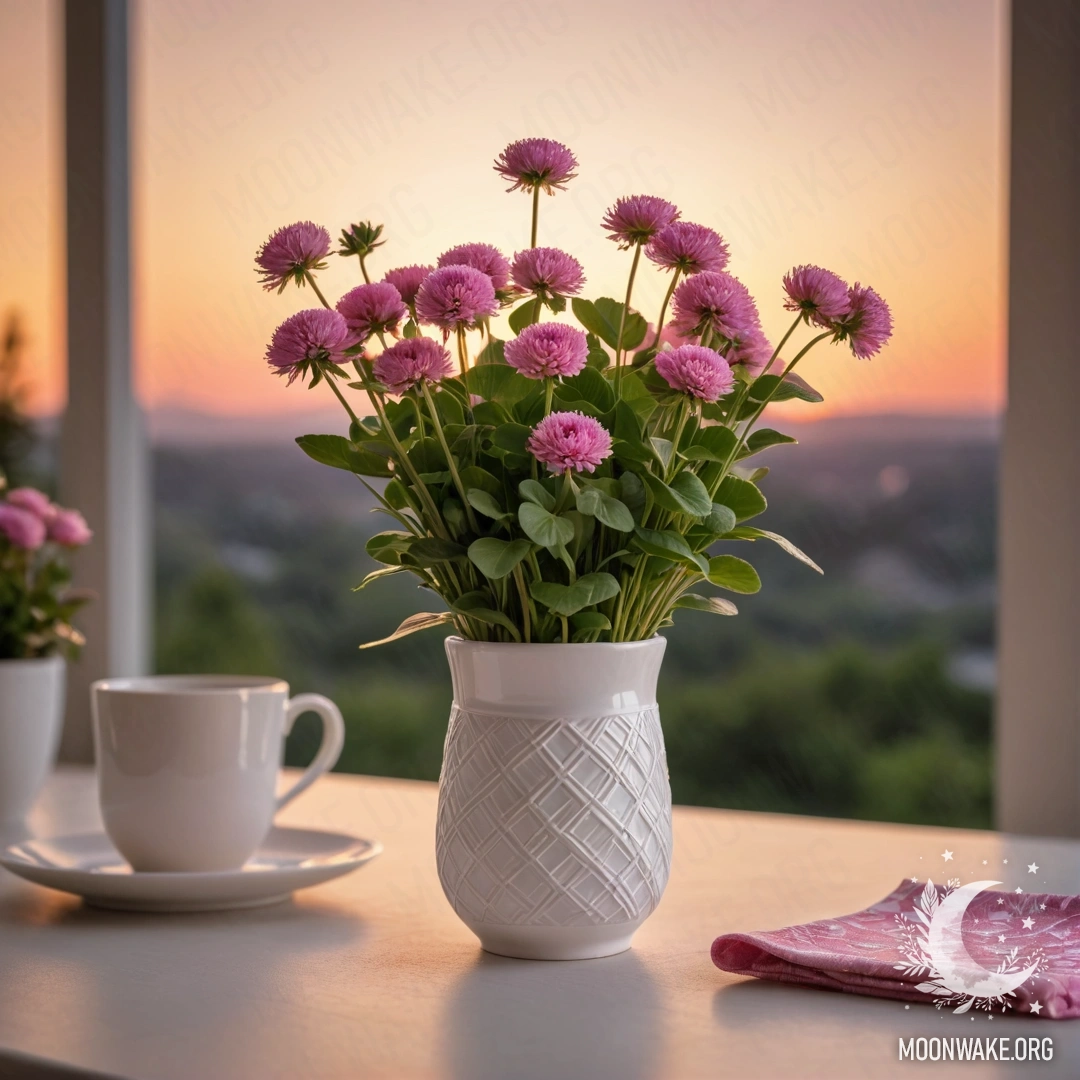 Круглая соломенная салфетка, на которой белые фарфоровые чашки с розовым узором и белая ваза с клевером на фоне заката.