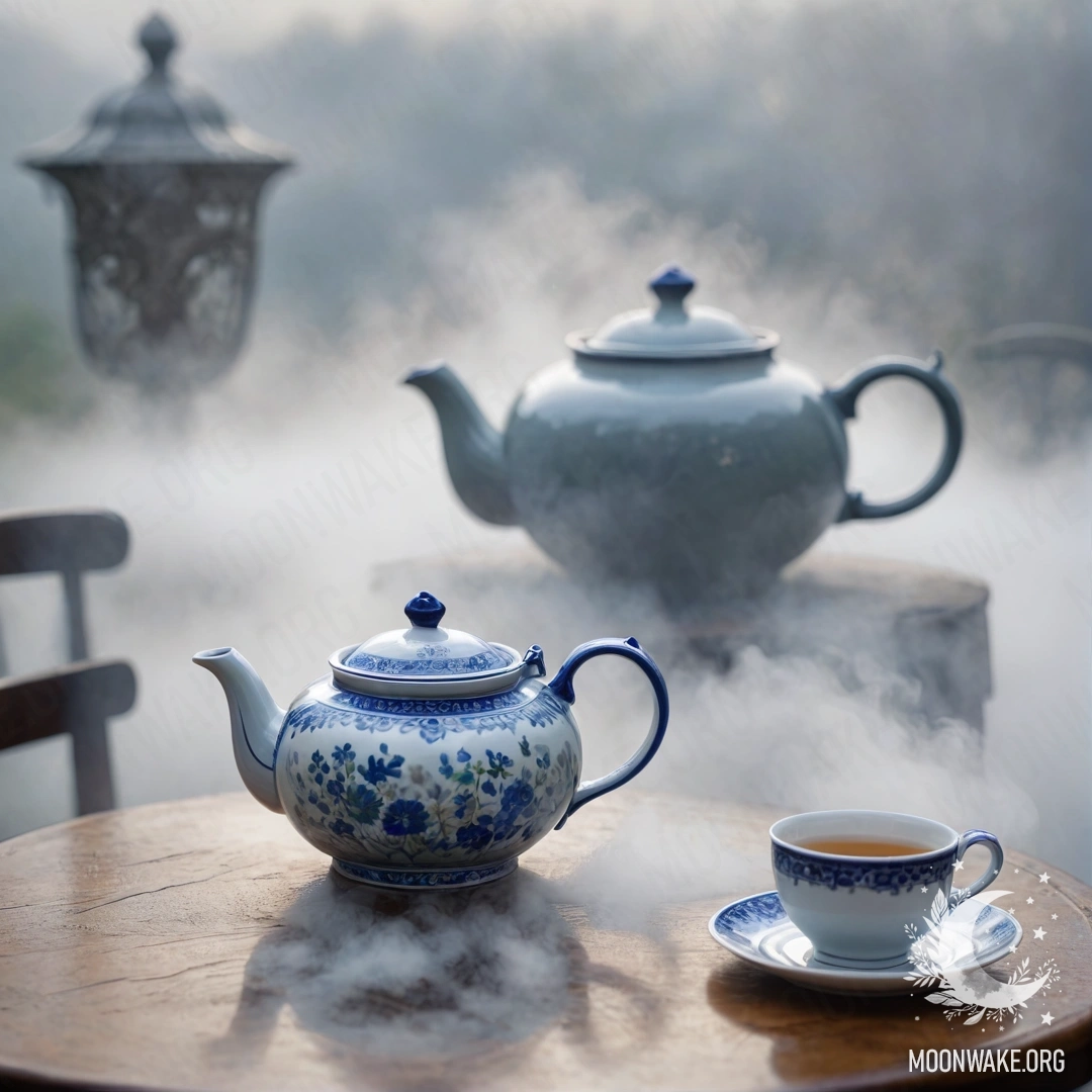 Круглый деревянный стол с фарфоровым чайником, украшенным синими цветами в густом тумане.