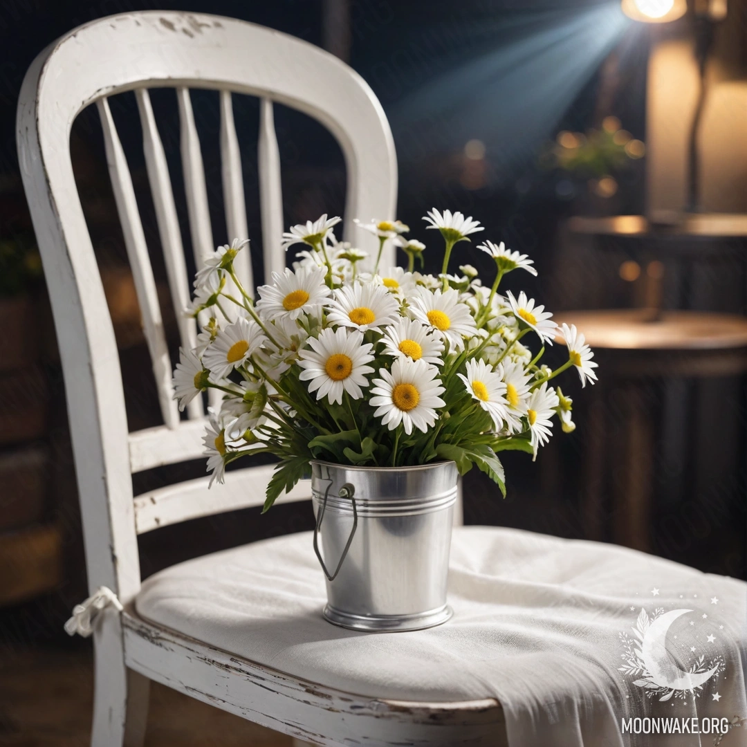 Крупный план изношенного винтажного кресла, укрытого белой тканью, с чашкой кофе рядом и белым ведром с ромашками, сделанный ночью.