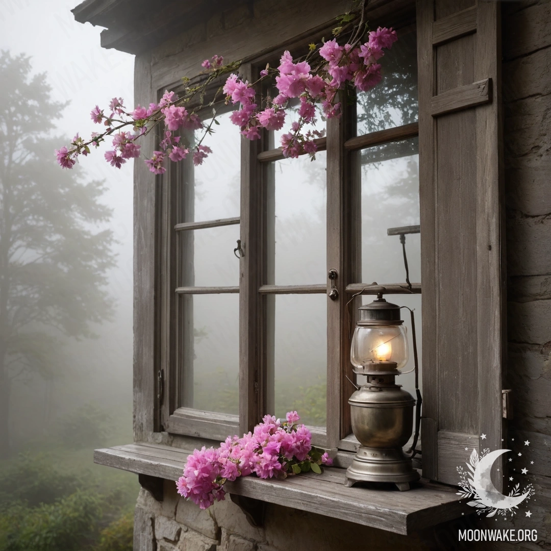 Старое деревянное окно с жалюзи, керосиновая лампа над ним, розовые цветы, обвивающие окно, в густом тумане.