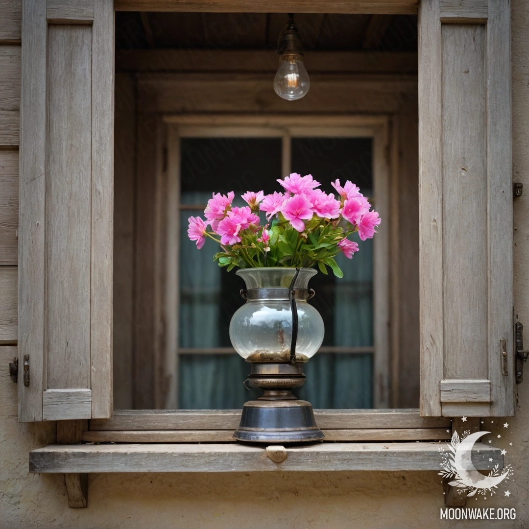 Старое деревянное окно с ставнями, керосиновая лампа и розовые цветы.