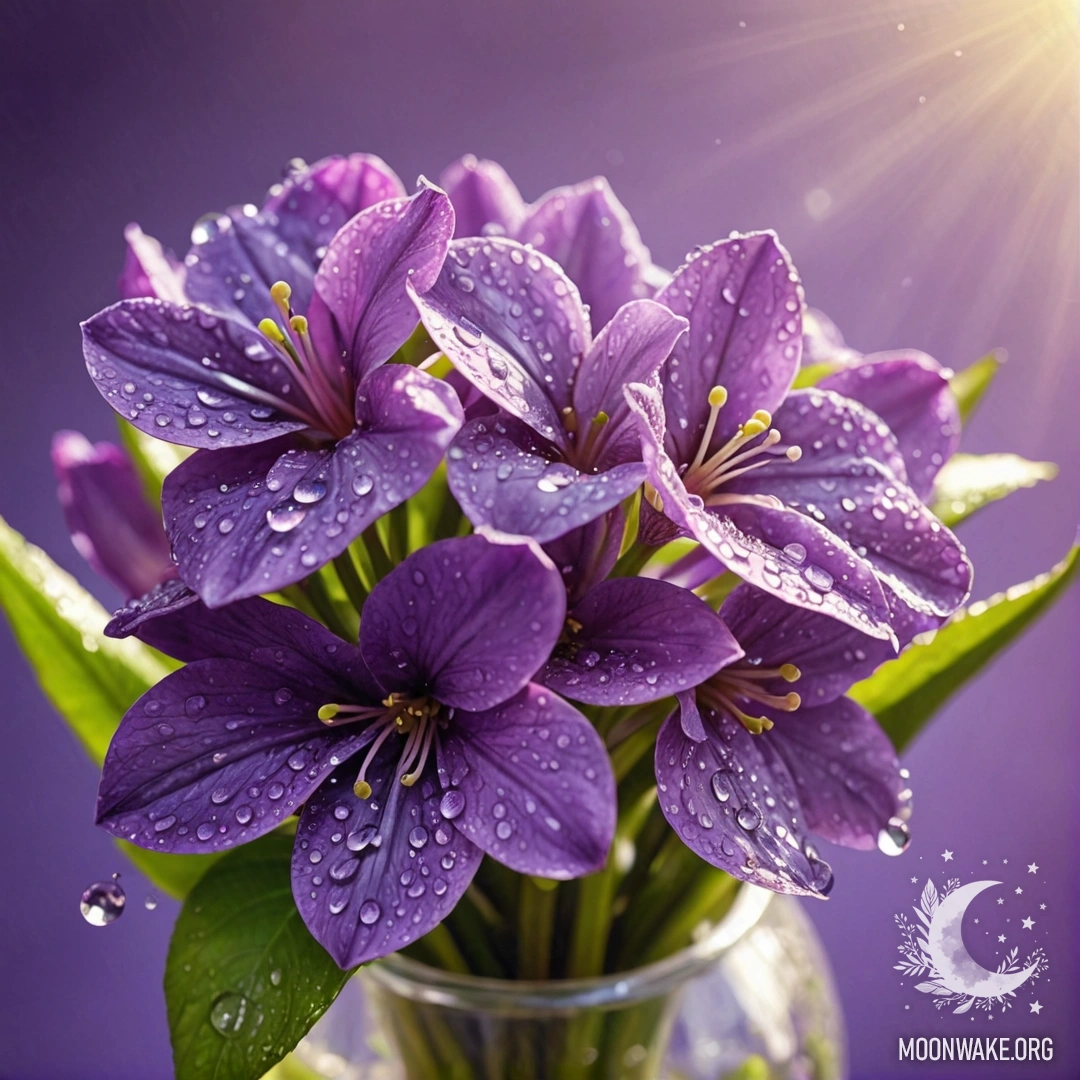 Лимоновидная ваза с фиолетовыми цветами, украшенными росинками, залитая солнечными лучами.