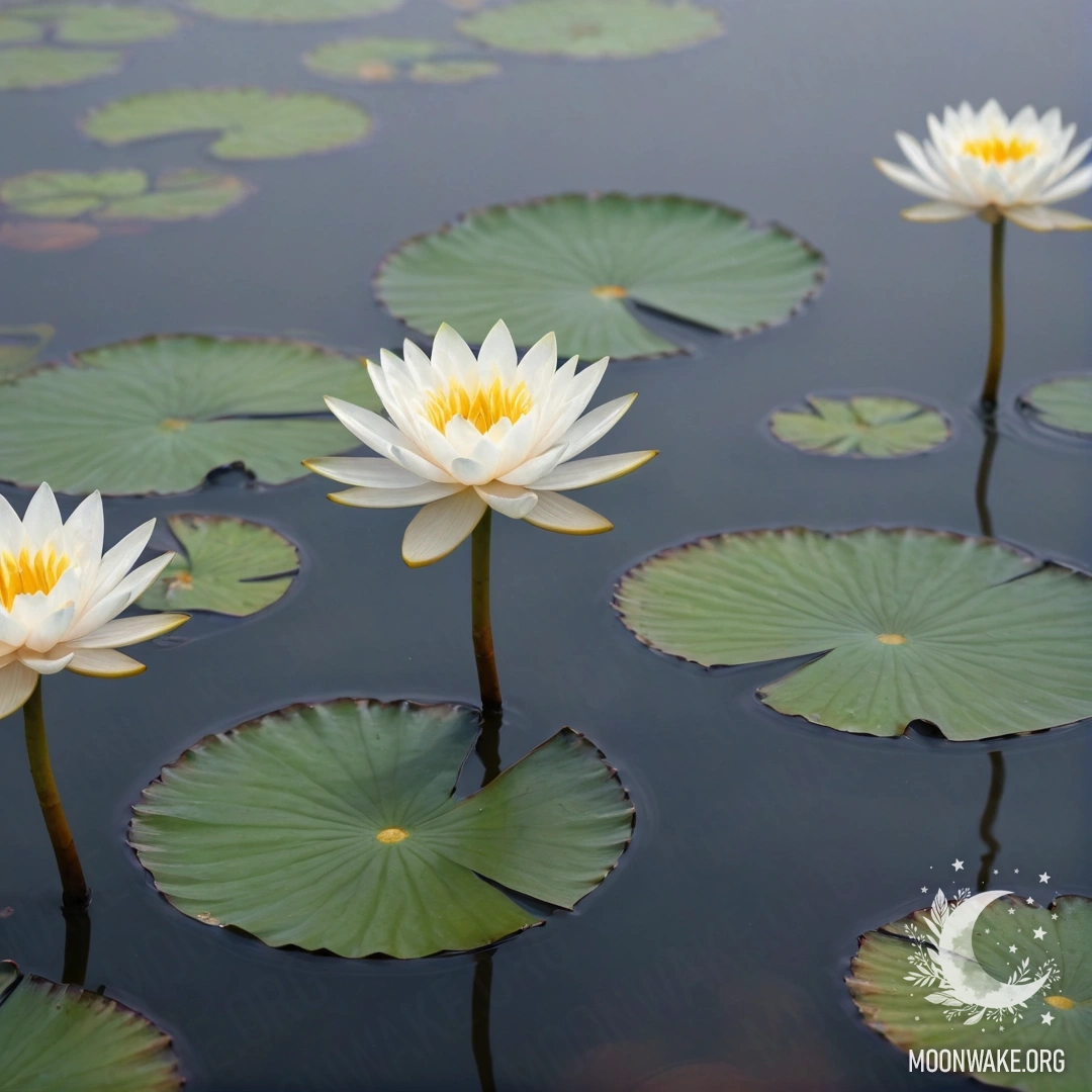 Спокойная лилия в окружении легкого тумана с узорами японской каллиграфии цвета кофе.