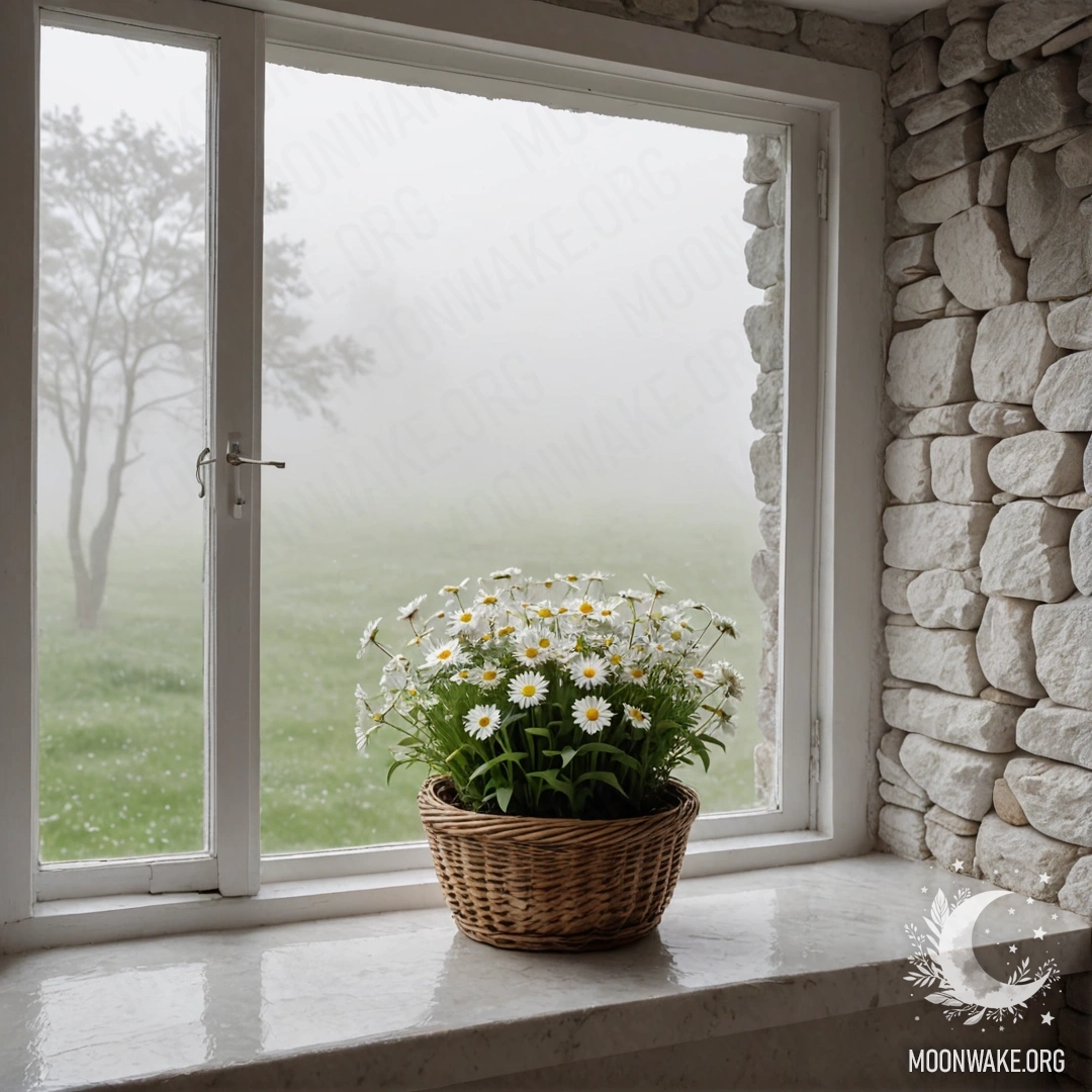 Спокойная белая каменная стена с открытым окном и корзиной с ромашками на подоконнике, окруженная густым туманом.