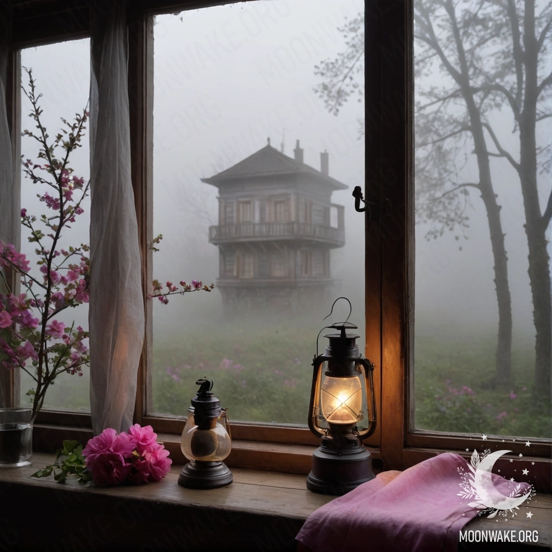 Потёртое деревянное окно с ставнями, керосиновая лампа и розовые цветы в тумане.