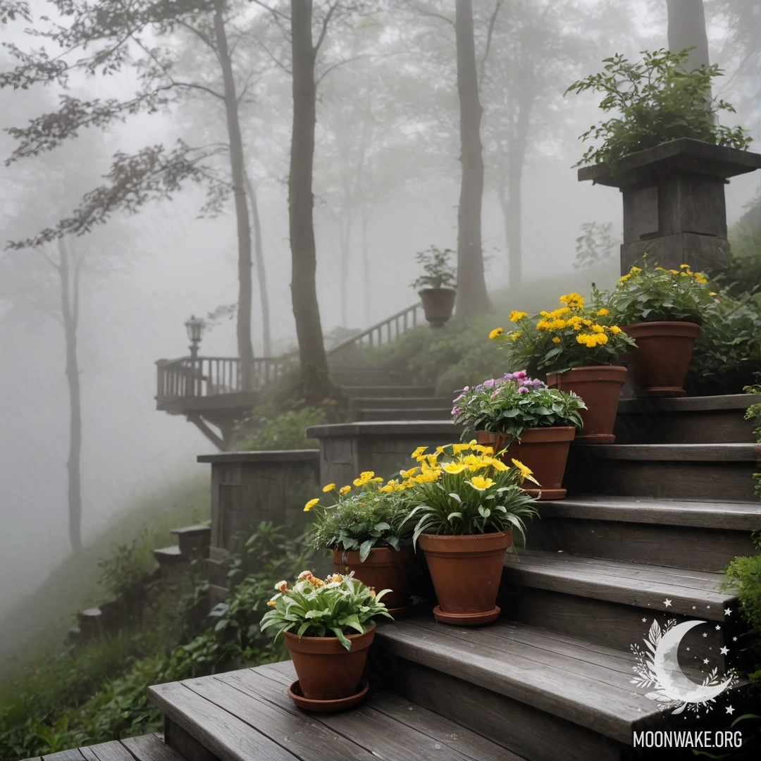 Тихая деревянная лестница, украшенная цветочными горшками, окутанная густым туманом.