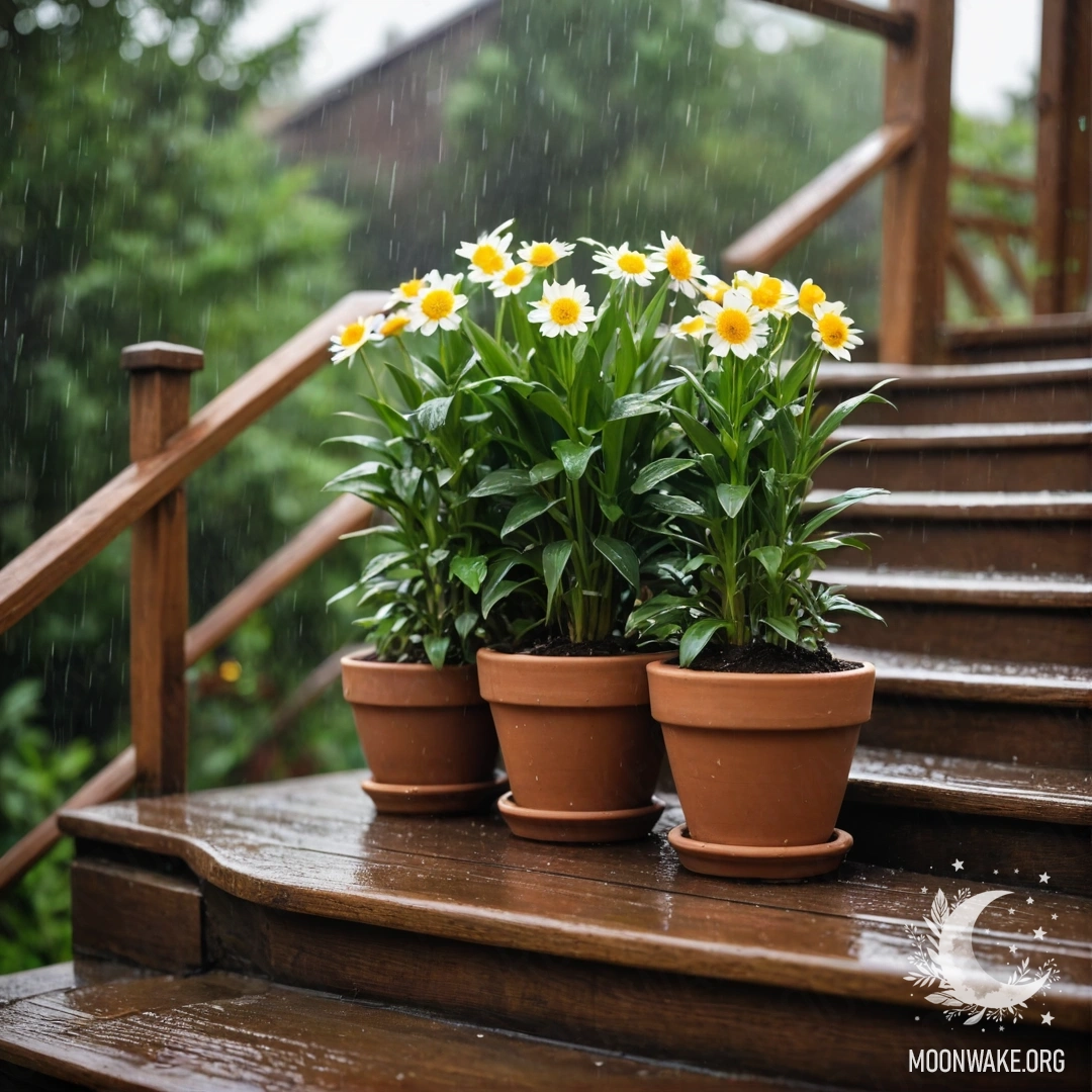 Деревянная лестница, украшенная цветочными горшками, окутанная дождём.