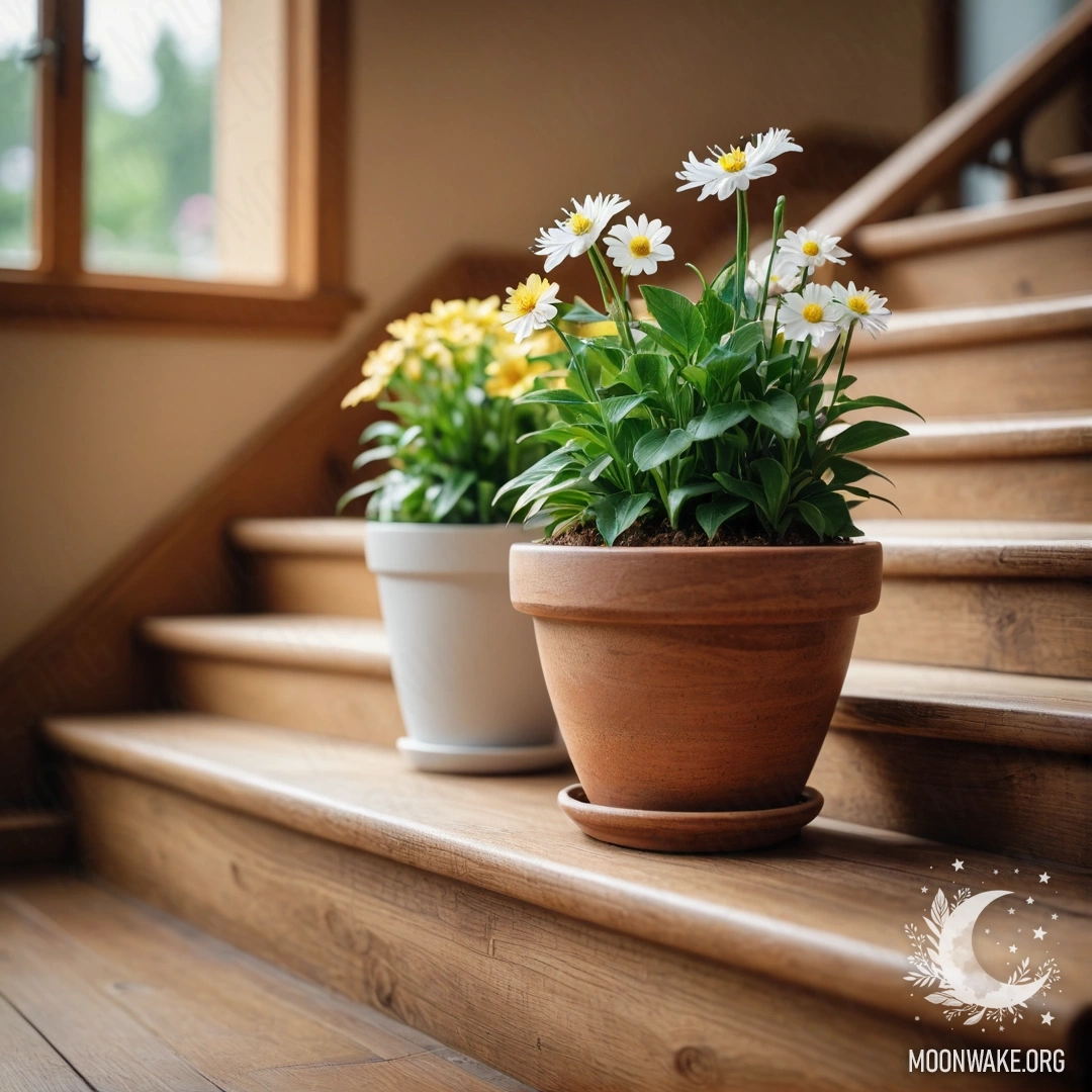 Деревянная лестница, украшенная цветочными горшками с линзами.