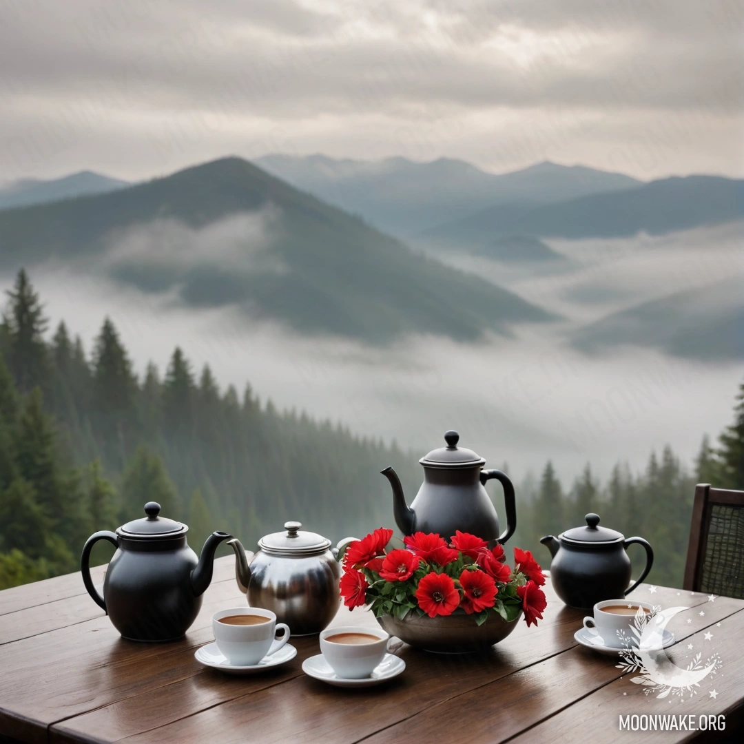 Спокойный деревянный стол с банкой красных цветов, кофейником и чашками на фоне гор в густом тумане.