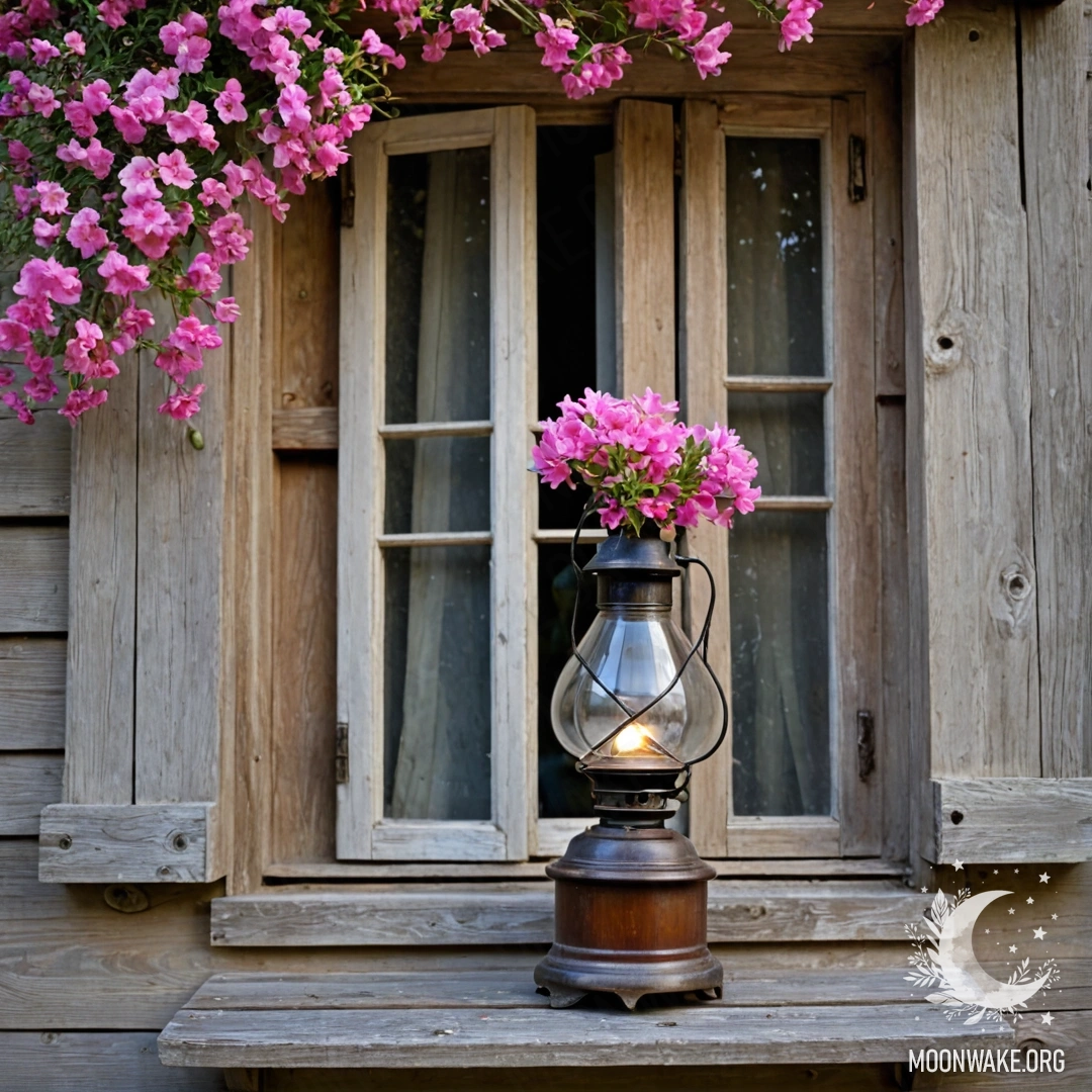 Старинное деревянное окно с ставнями и керосиновой лампой, украшенное закручивающимися ветками розовых цветов.