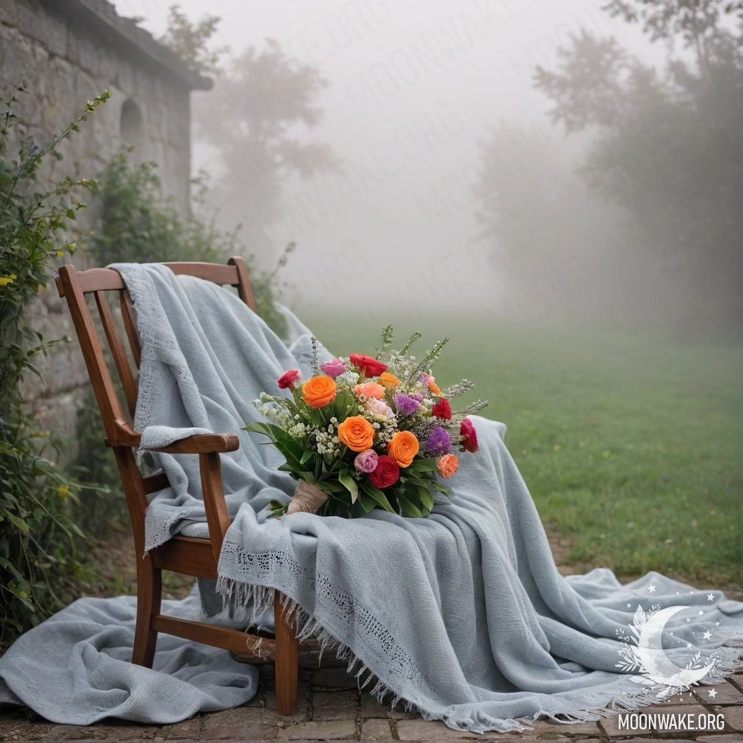 Стул с пледом и букетом цветов на нем на фоне потрескавшейся стены, окутанный густым туманом.