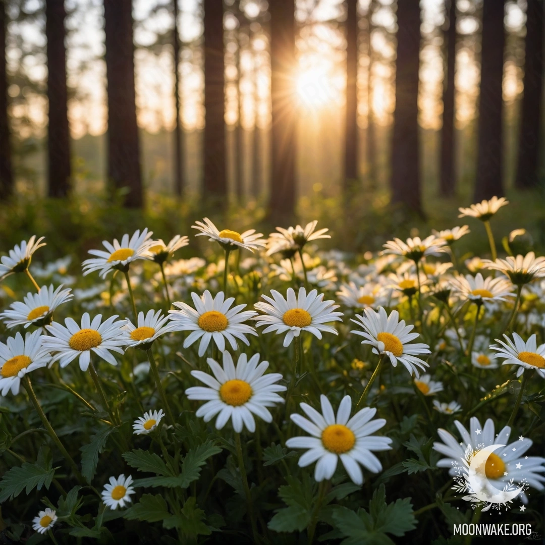 Крупный план ромашек с нежными гирляндами огней в лесу на закате.