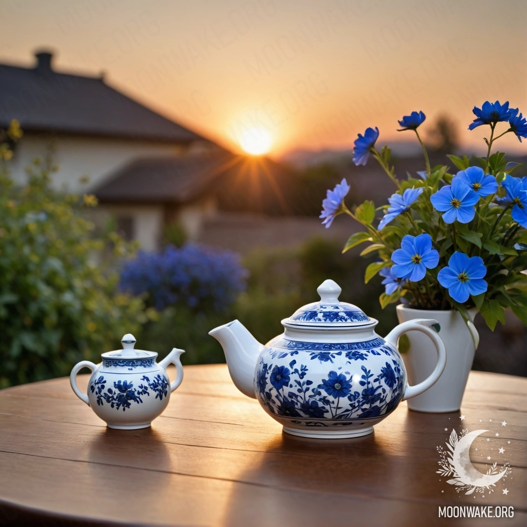Круглый деревянный стол с фарфоровым чайником, наполненным синими цветами на закате.