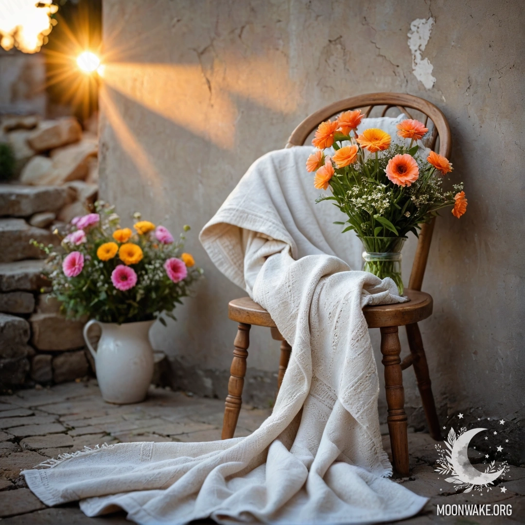 Кресло у облезлой стены с пледом и букетом цветов, освещенное закатным светом.