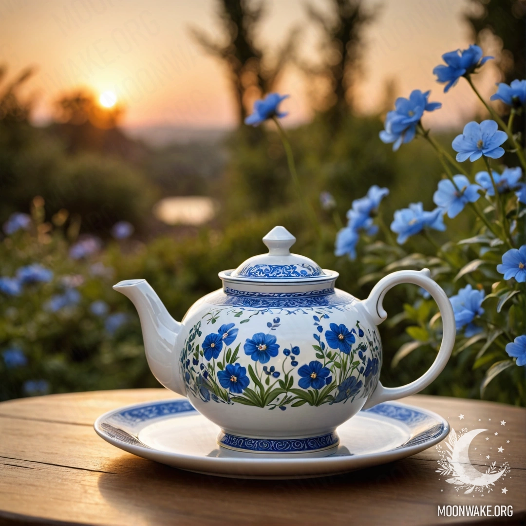 Круглый деревянный стол, на котором находится фарфоровый чайник с синими цветами на закате.