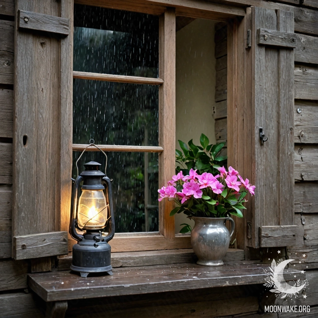 Старое деревянное окно с розовыми цветами и висящей керосиновой лампой под дождём.