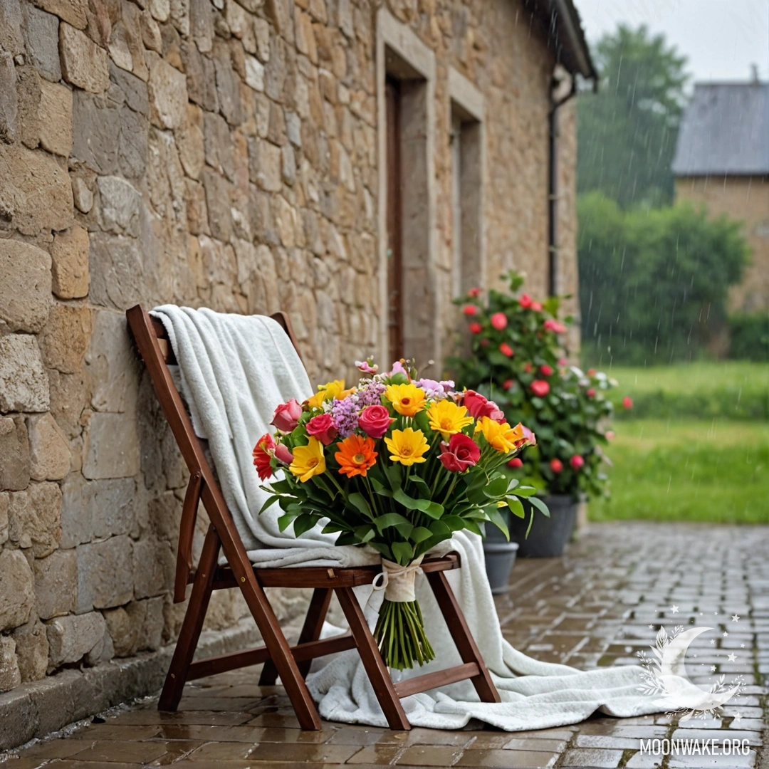 Стул у потертым стене, накрытый пледом, с букетом цветов под дождем.