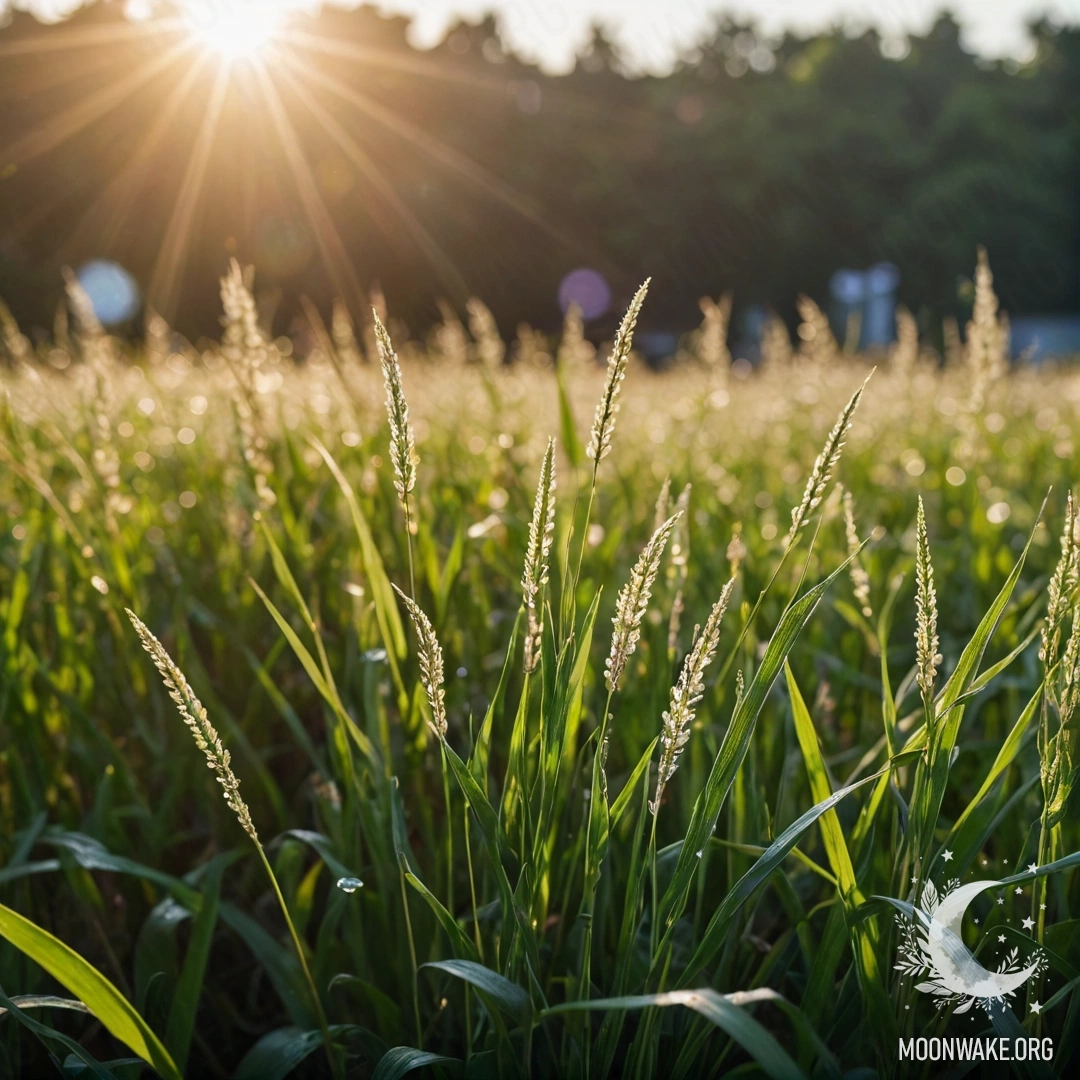 Крупный план травы на спокойном лугу с размытыми цветами на заднем плане.
