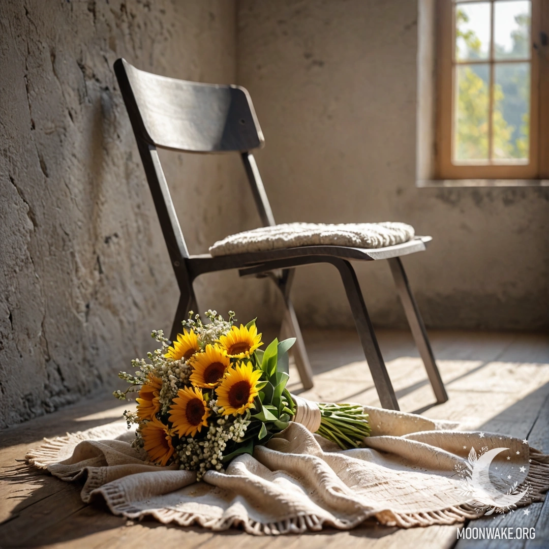 Стул с пледом и букетом цветов на нём, на фоне обветшалой стены, сквозь которую пробиваются солнечные лучи.