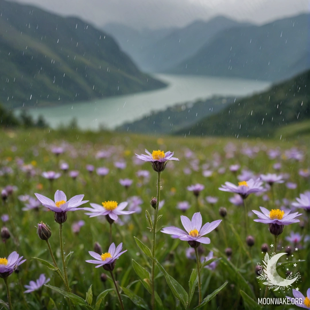Крупный план цветных полевых цветов под дождем с горами на заднем фоне.