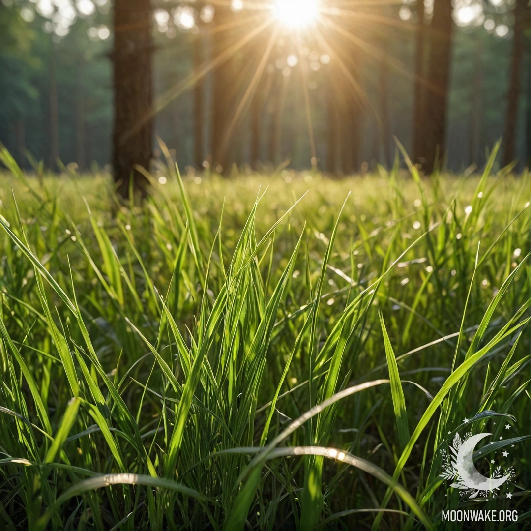Крупный план травяного поля на фоне размытого леса и солнечных лучей.