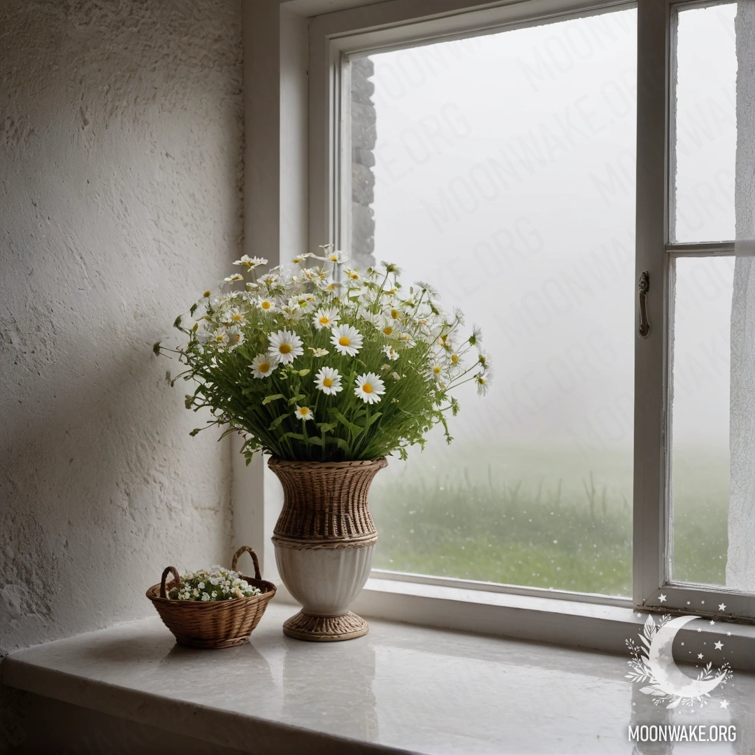 Белая каменная стена с открытым окном и корзиной ромашек на подоконнике, окутанных густым туманом.