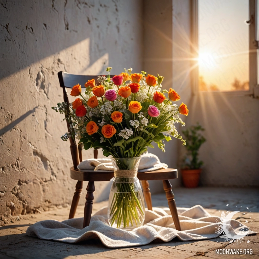 Стул, накрытый пледом, с букетом цветов на фоне обшарпанной стены на закате.