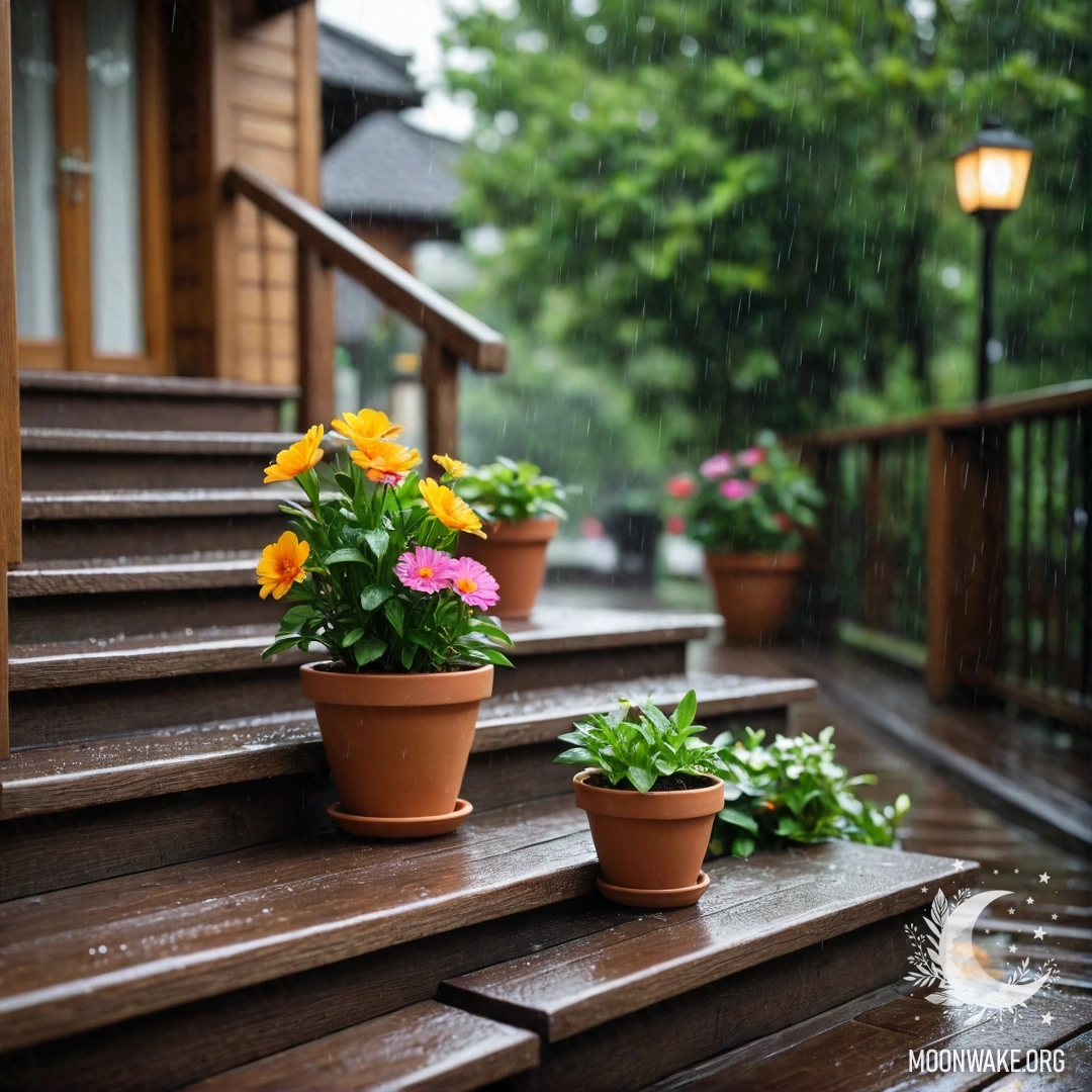 Деревянная лестница, украшенная цветочными горшками под дождём.