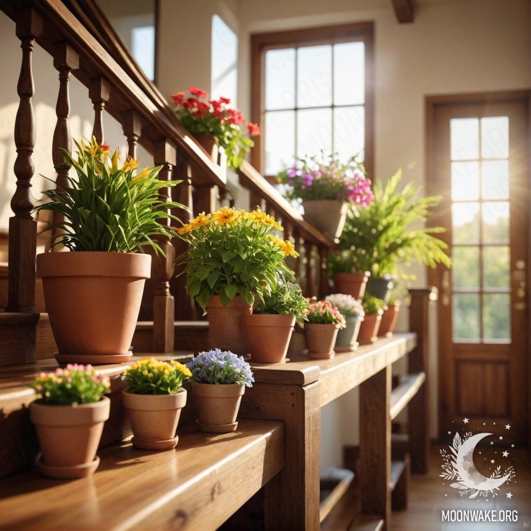 Спокойная деревянная лестница, украшенная цветочными горшками и солнечными лучами.