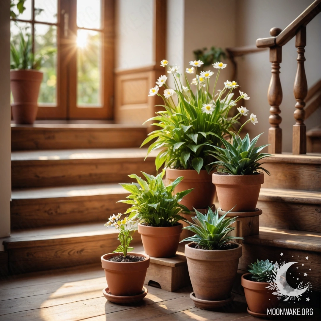 Деревянная лестница, украшенная цветочными горшками, подсвеченная солнечными лучами.